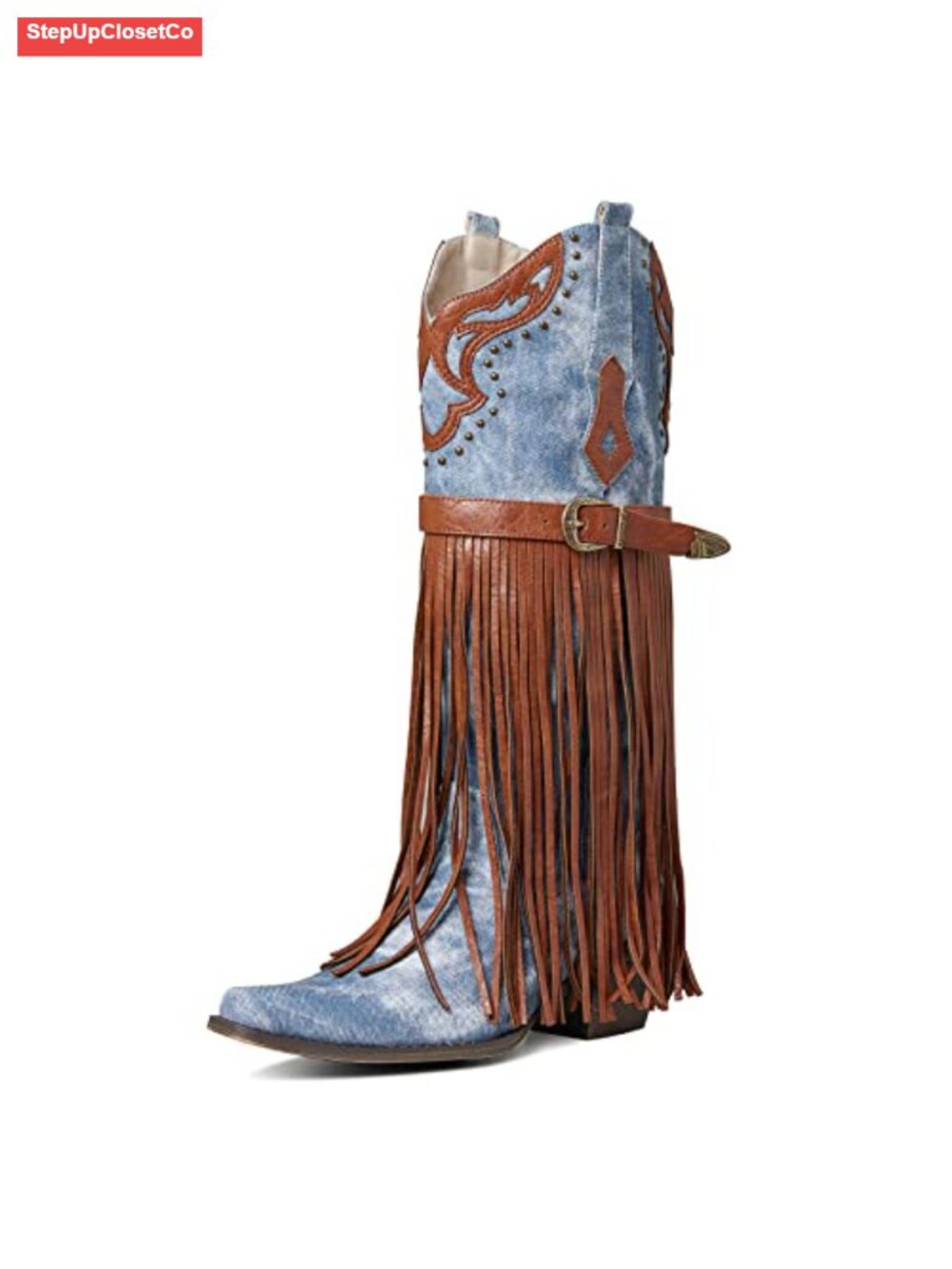 Women's Western Bootie Pointed Toe Chunky Heel Fringe Pull-On Mid-Calf Boot